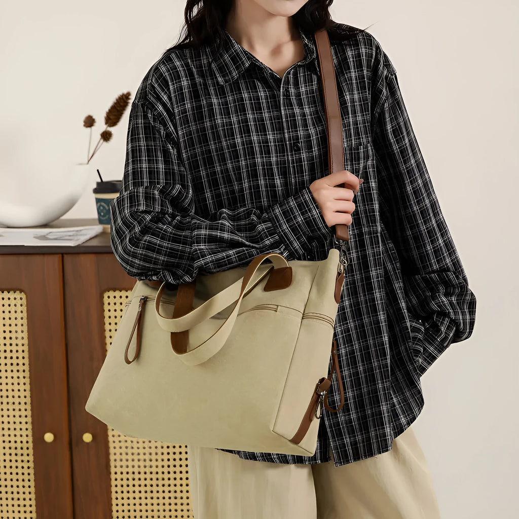Large capacity canvas shoulder bag for women with zipper, phone and file pockets in grey, black, brown or khaki