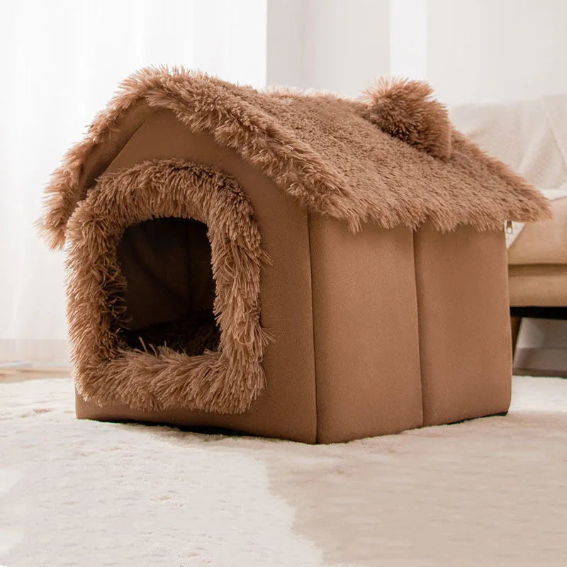 Removable washable closed dog house for small dogs and cats in brown rabbit plush