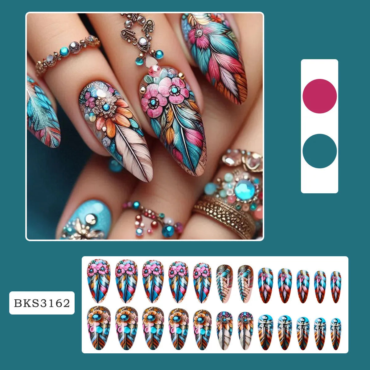 Plastic nail art set with colourful retro feather armour, cartoon, and floral patterns.