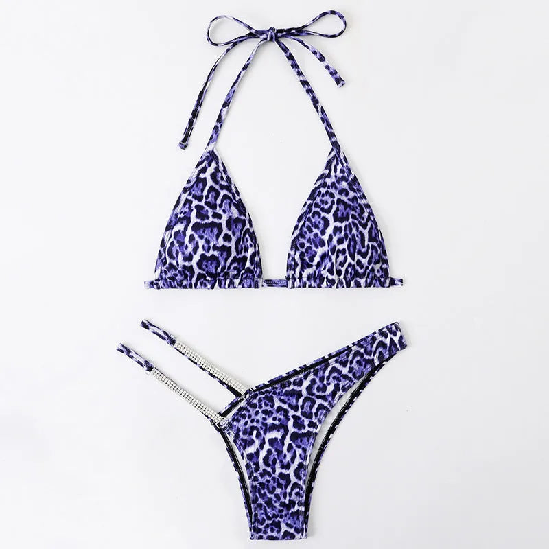 Leopard print bikini set in yellow, black, purple, or green, sizes S, M, L, polyester two-piece