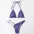 Leopard print bikini set in yellow, black, purple, or green, sizes S, M, L, polyester two-piece
