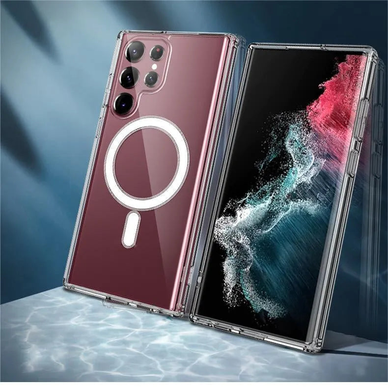 Transparent magnetic phone case for Samsung Galaxy with MagSafe compatibility showing magnetic ring