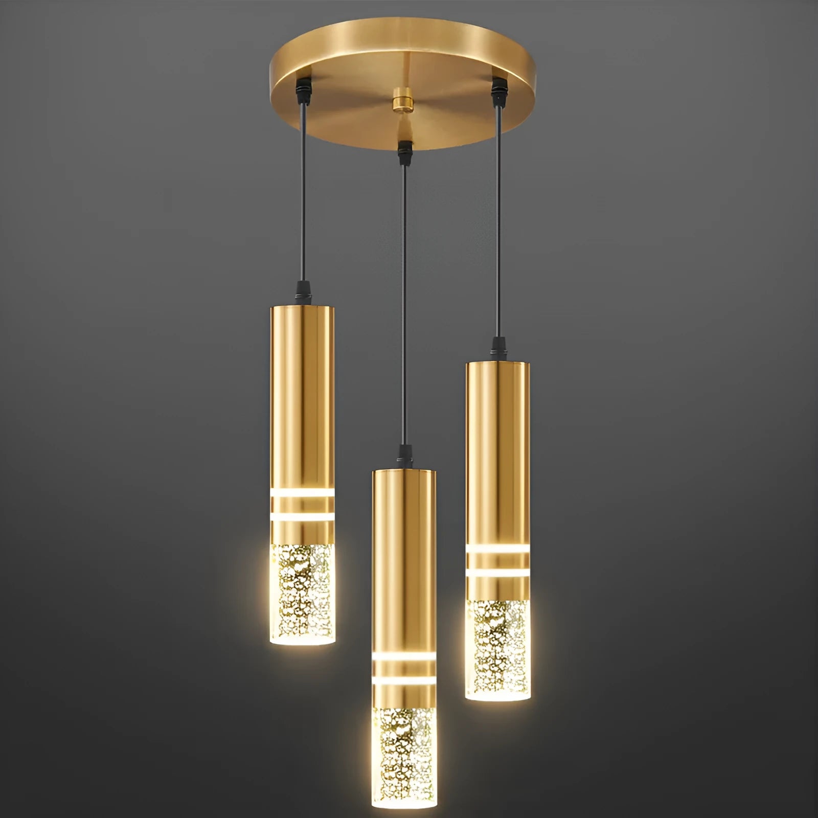 LED straight crystal chandelier with three disc heads in iron frame as dining room fixture