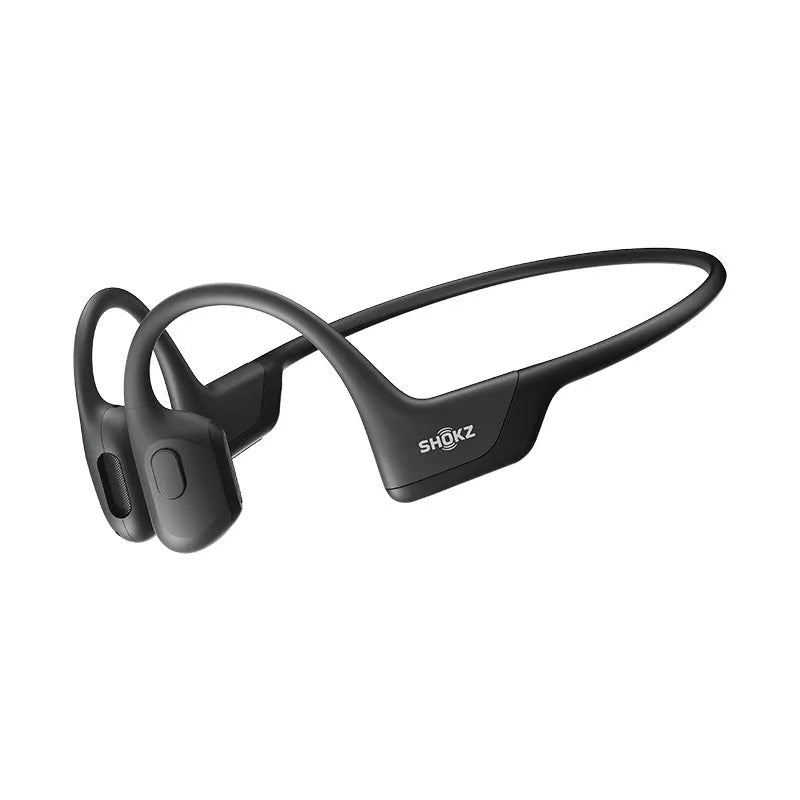 Bone conduction wireless earphones in Knight Black with titanium alloy frame, side view of open-ear design
