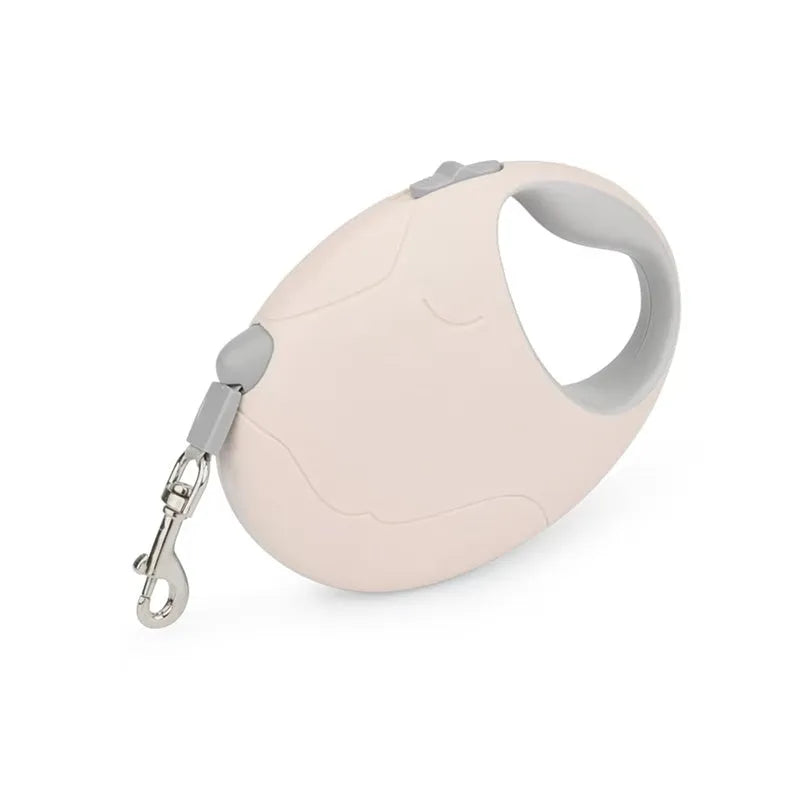 Retractable dog leash with nylon rope and plastic casing, in Blue, Pink, or White, sizes S and L.