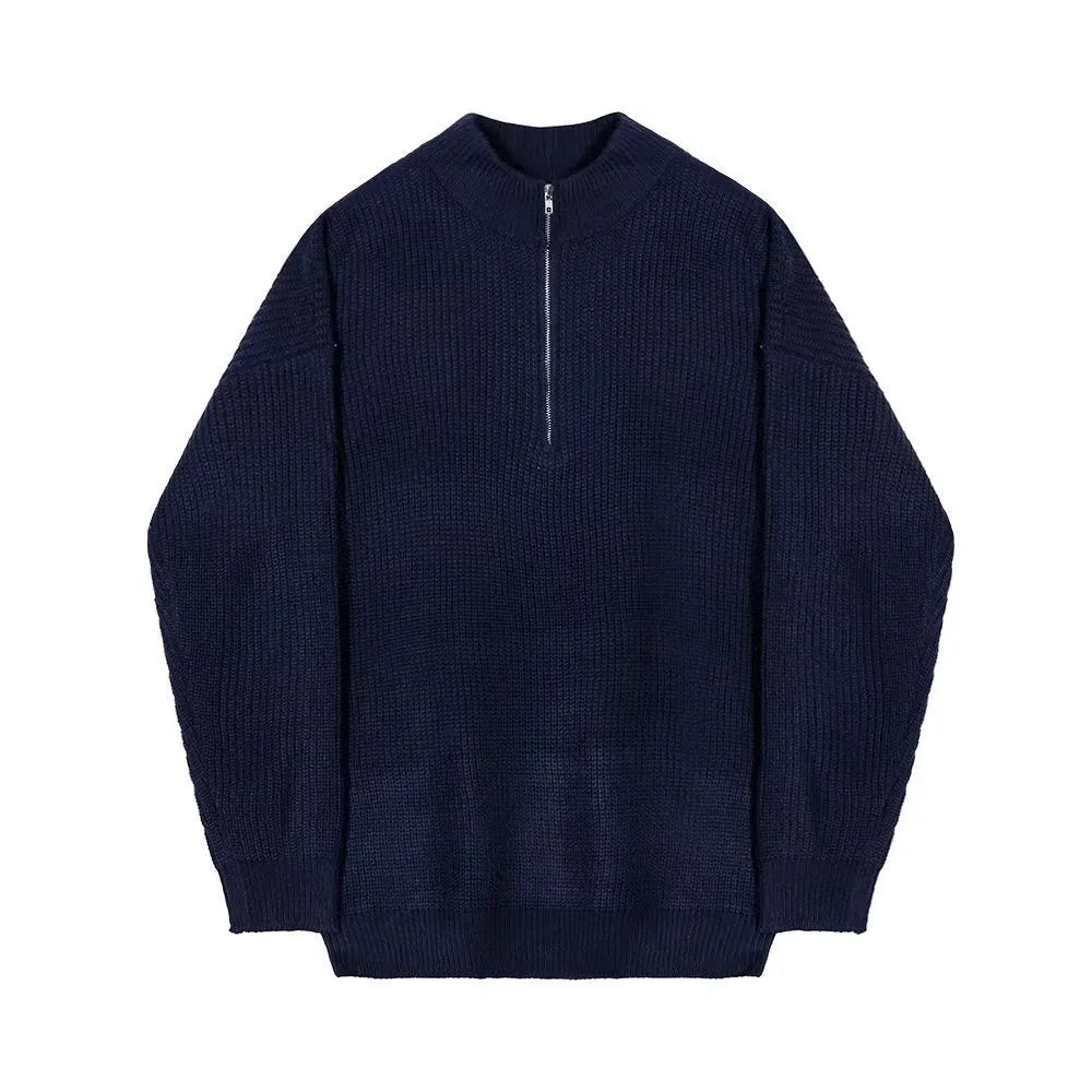 Men's loose fit half zip cardigan in black with long sleeves and pullover style