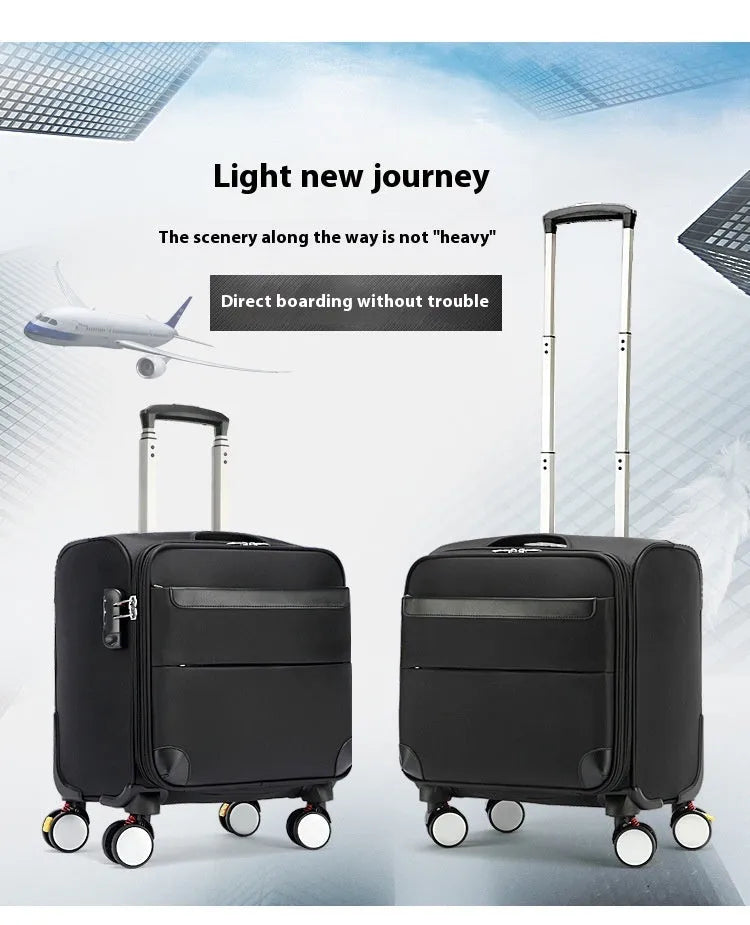 18-inch black Oxford cloth boarding suitcase with retractable handle and universal wheels