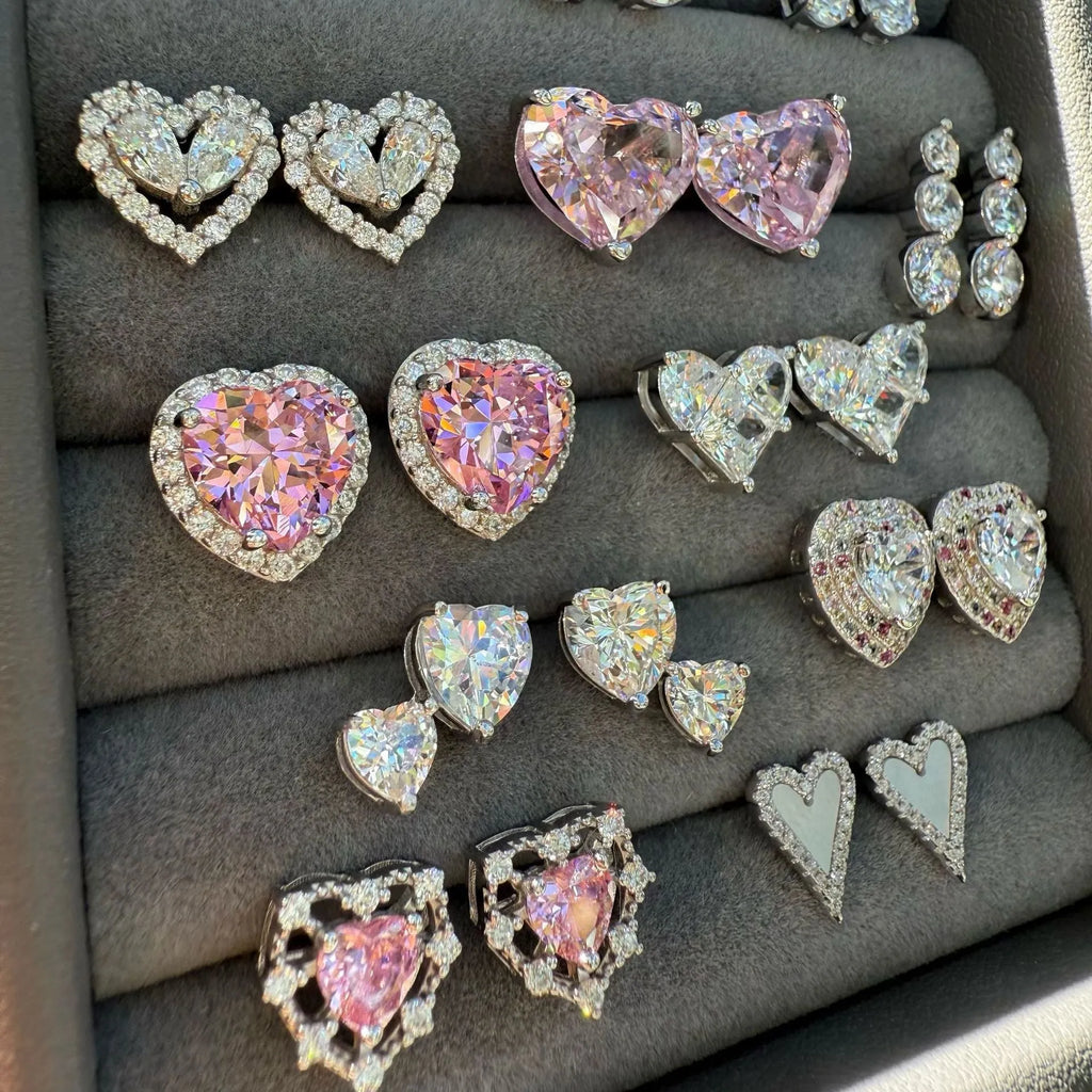 S925 silver heart zircon ear studs with electroplated finish, geometric heart design, one pair