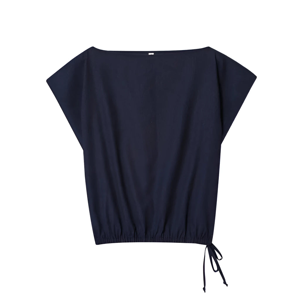 Women's linen blend co-ord set with off-neck flounced sleeve top and matching wide leg trousers