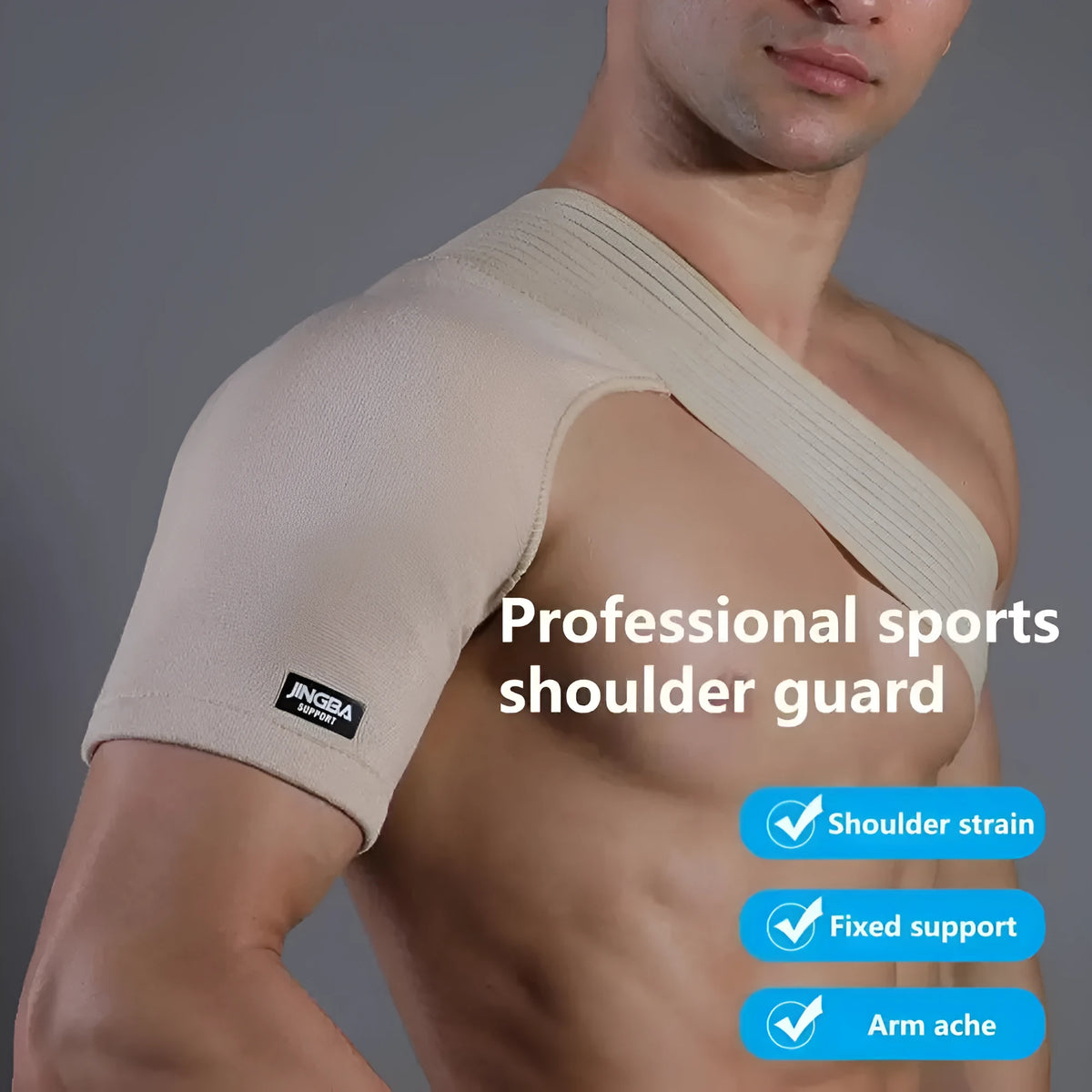 Adjustable one-shoulder sports support strap in skin colour, breathable protective gear for basketball, weightlifting, and running.