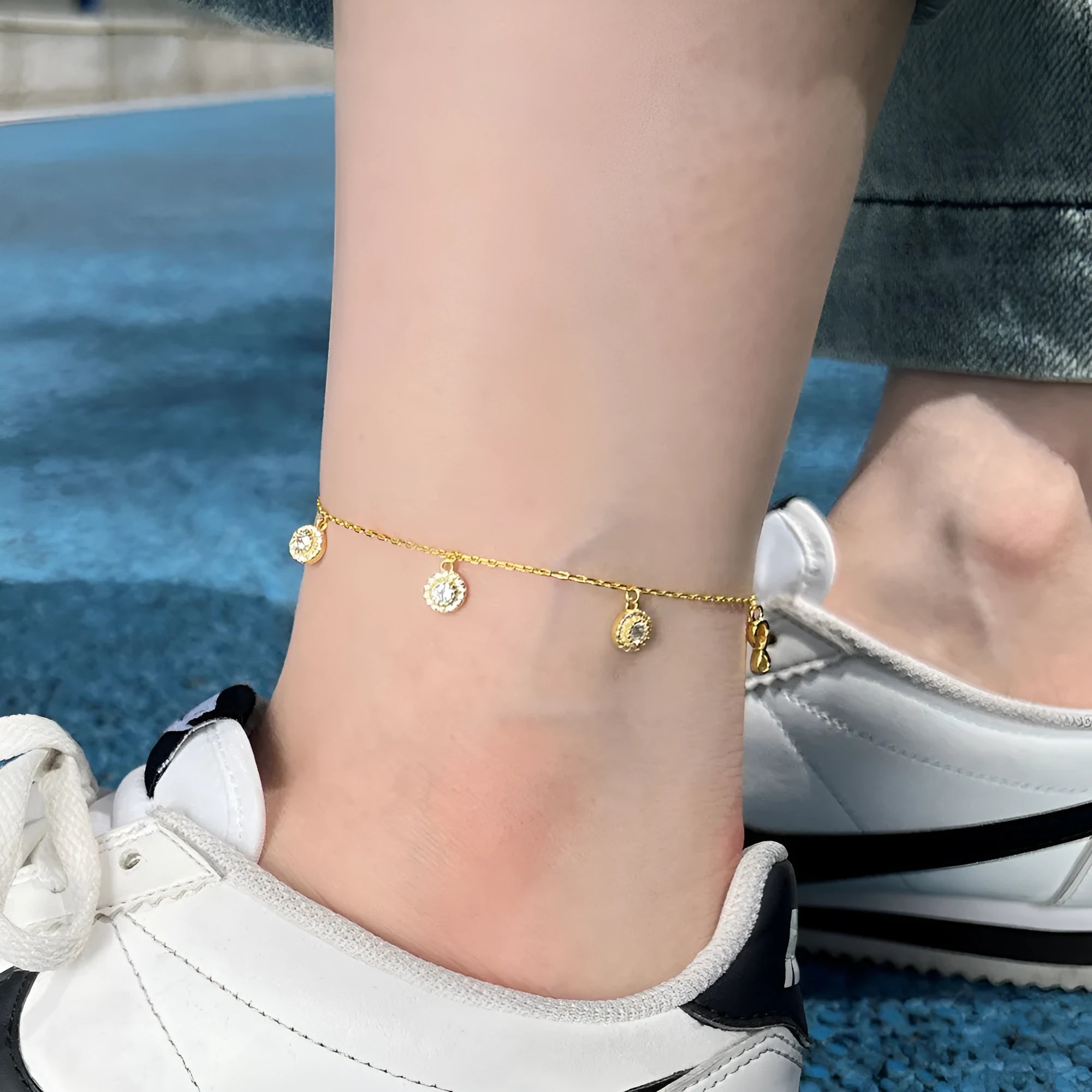 S925 sterling silver infinite symbol anklet with cubic zirconia in glossy finish gold colour