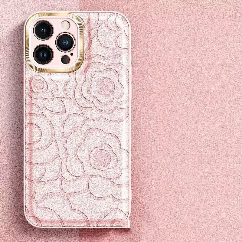 Camellia leather pattern drop-resistant phone case for iPhone with soft edge hard back design in Antique White
