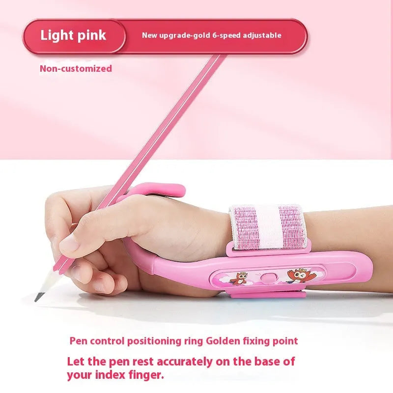 Blue anti-hook wrist brace corrector for handwriting posture and pencil grip training