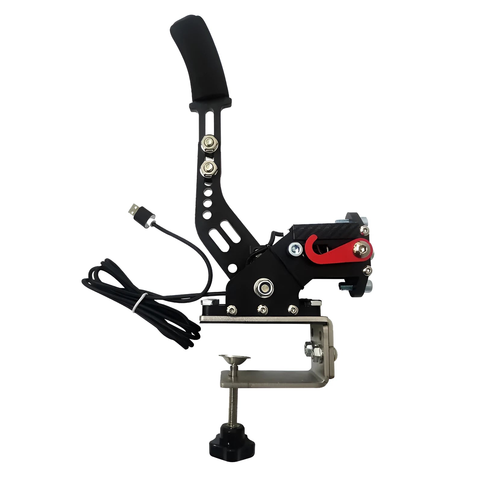 Aluminum and stainless steel linear handbrake with clamp for racing simulators compatible with G29 and T300RS