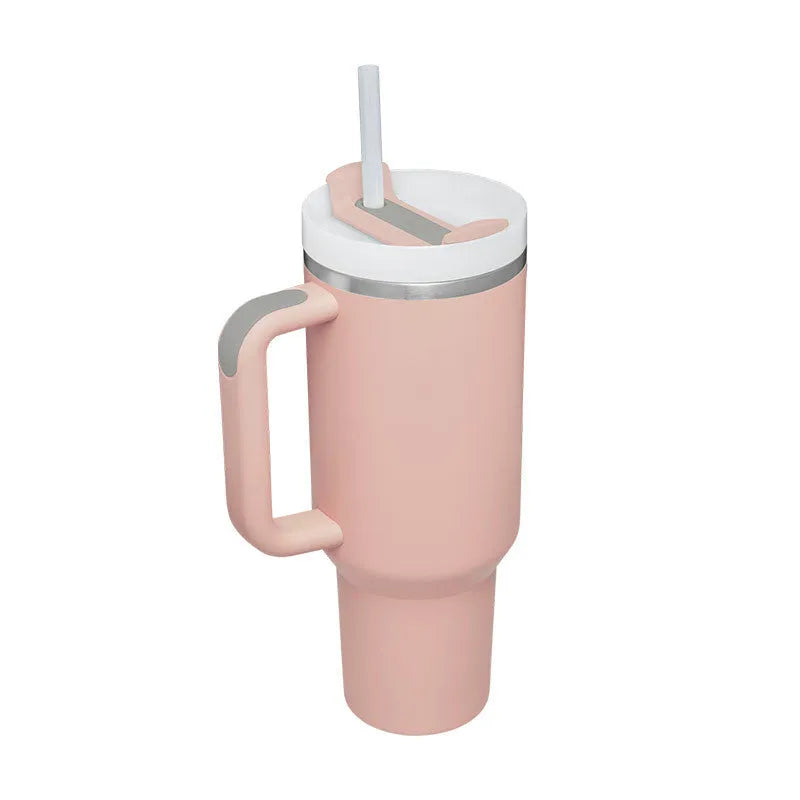 40 oz insulated stainless steel tumbler with handle straw and spill proof lid in a tapered design for car or gym use