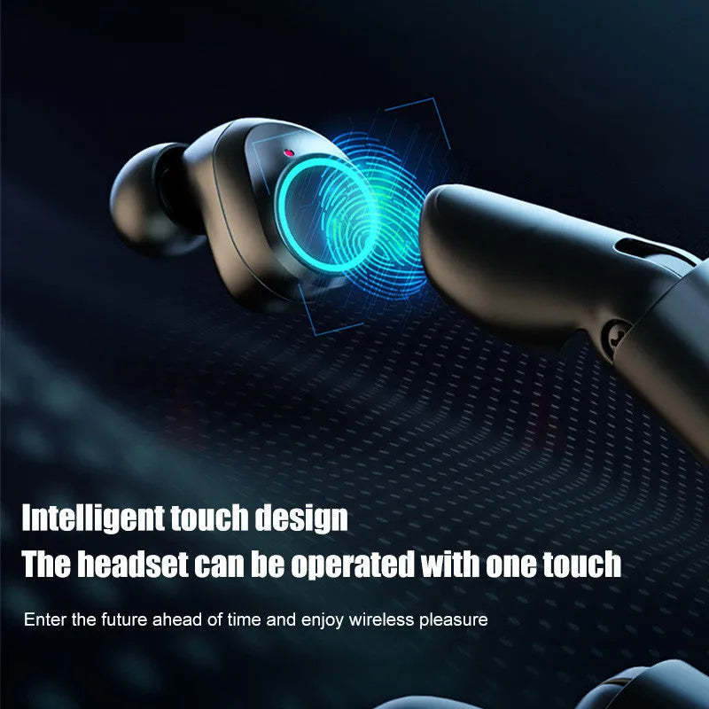 Black Bluetooth earplug-style headset with its charging case on a table