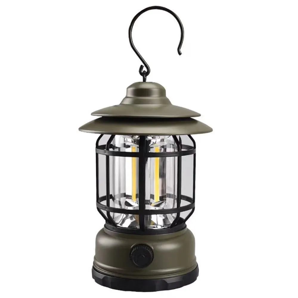 Portable camping head lamp lantern with magnetic base in black, red, or dark green showing 360° illumination