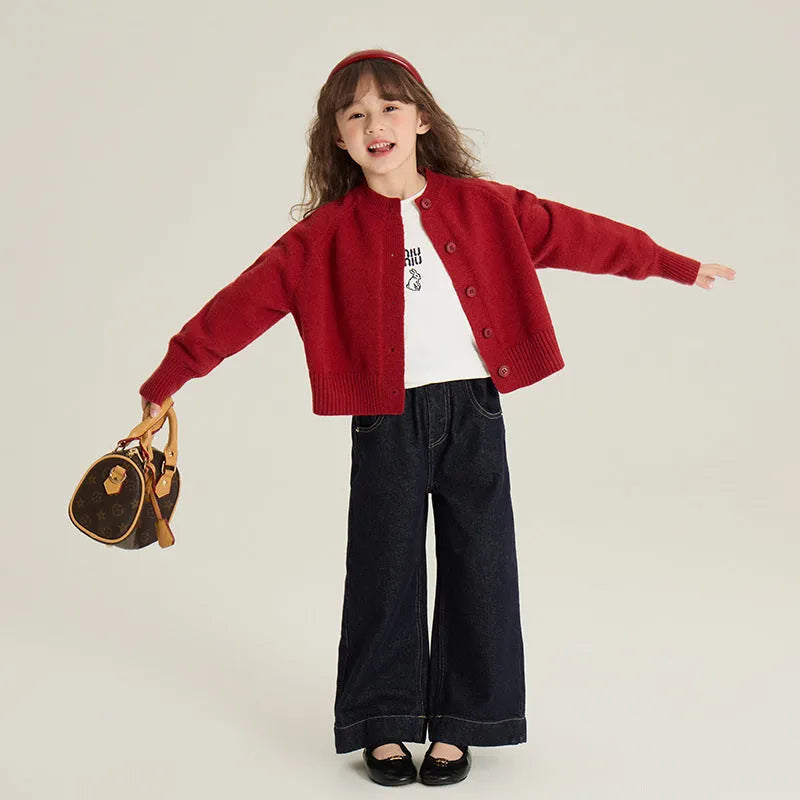 Girl's red knitted cardigan, Korean style, single-breasted, long sleeve, sizes 90cm to 160cm