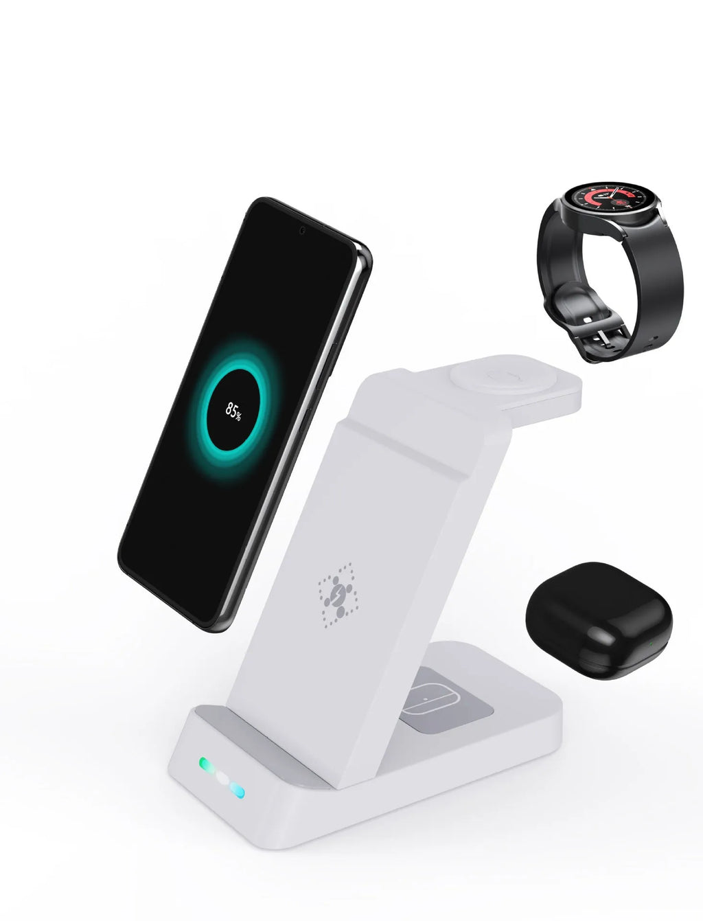 Black and white 3-in-1 wireless charging station showing phone in stand mode, with spaces for AirPods and Apple Watch.