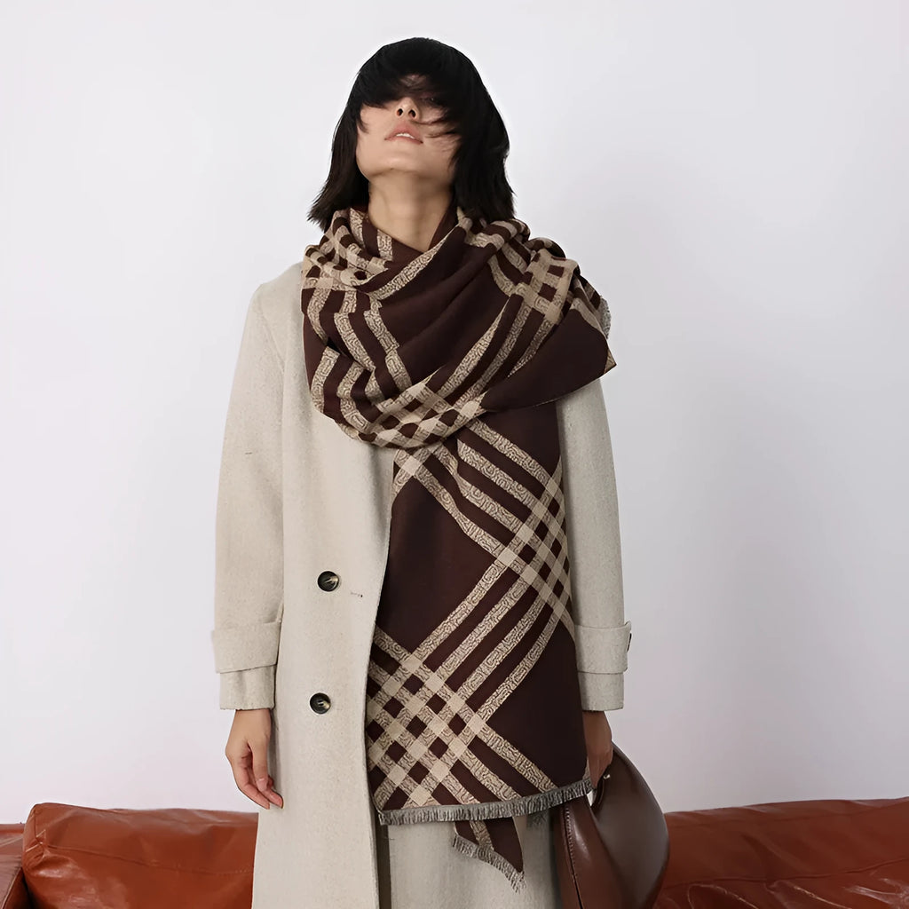 Qianjin imitation cashmere winter scarf with tassels in brown colour showing 185cm length
