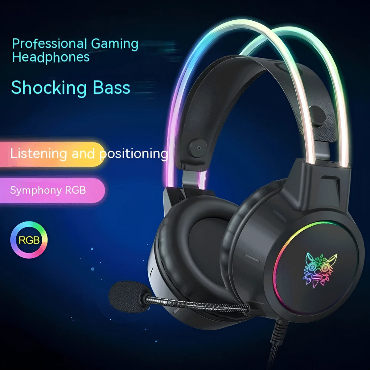 X15PRO wired gaming headset with 3.5mm plug, 50mm horn, RGB luminous design, and braided cable