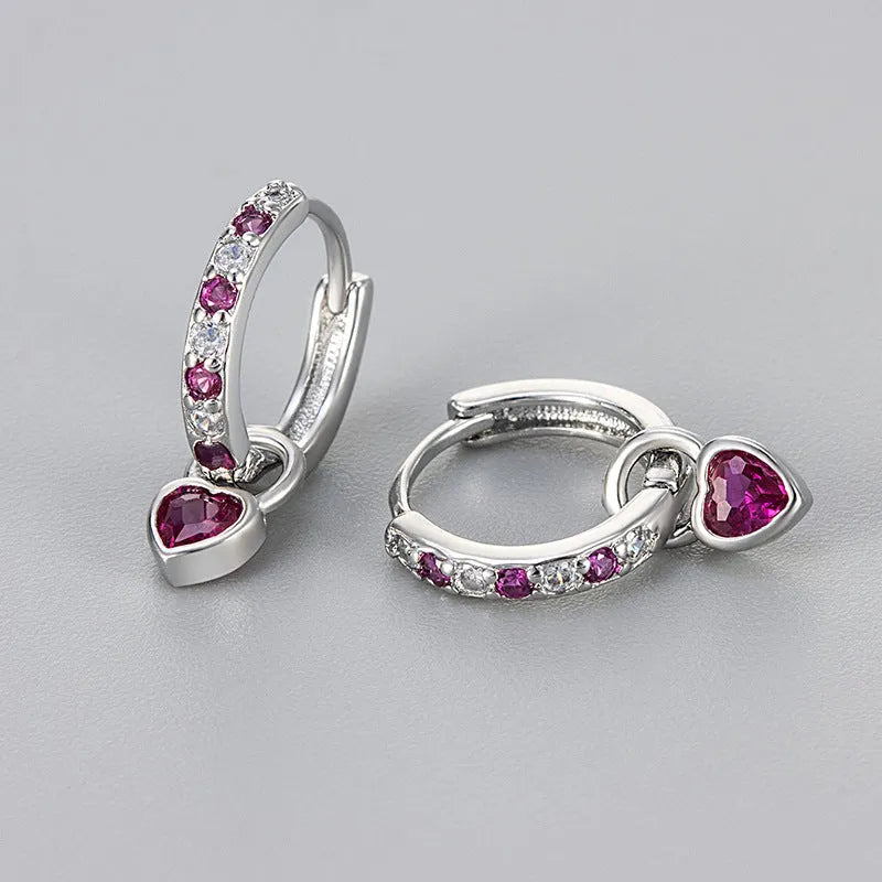 Heart-shaped zircon drop earrings for women in gold or white gold plating with colour stone options