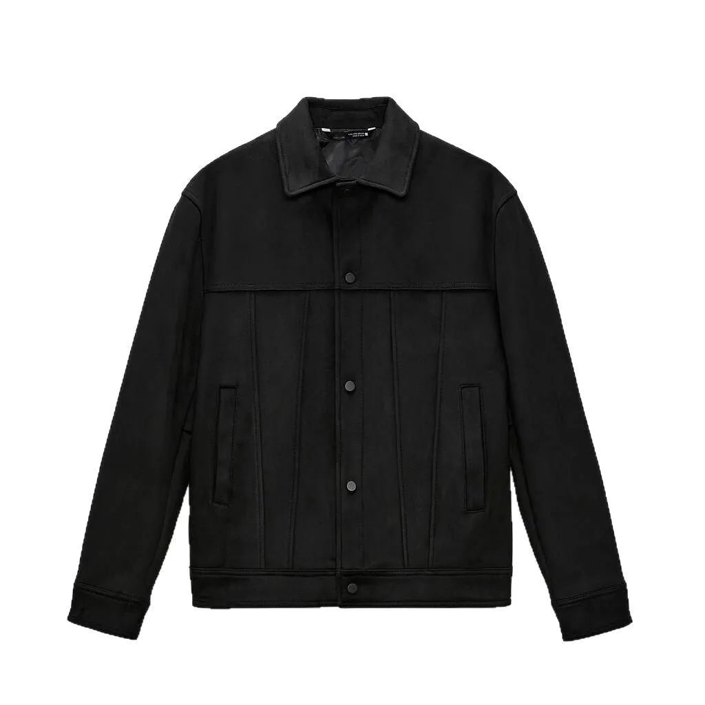 Black men's hooded jacket with a suede collar and side-seam pockets.