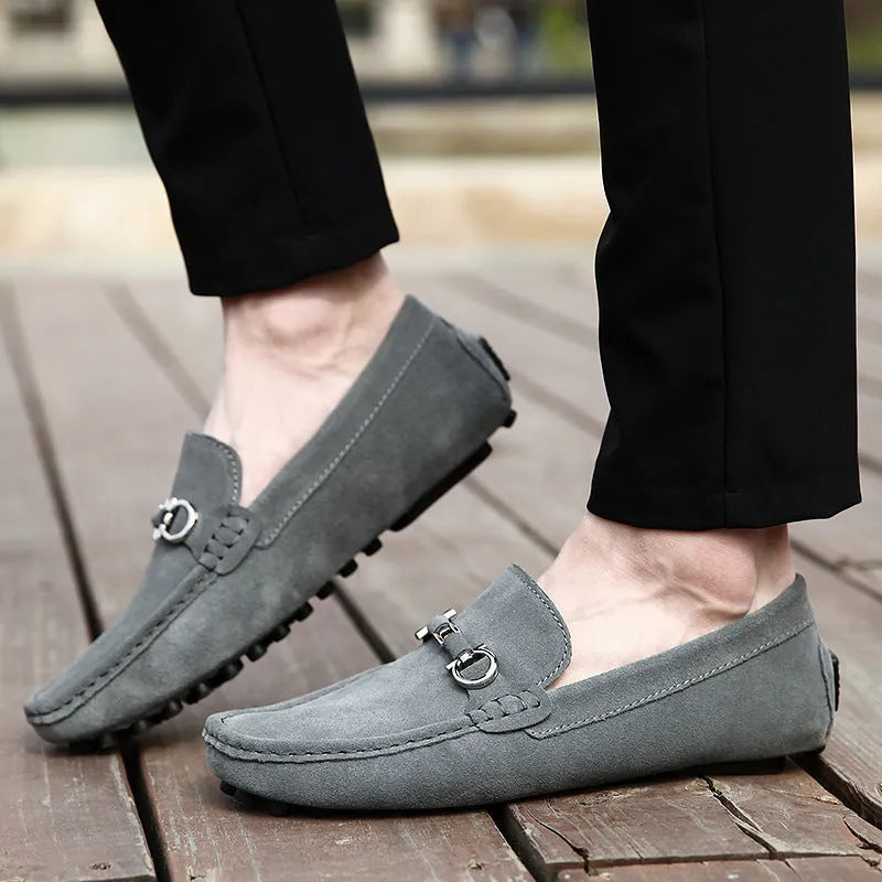 Men's black slip-on leather shoes with square toe and matte cowhide construction