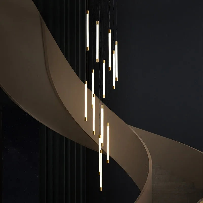 All copper duplex staircase long chandelier, LED pendant light, 800mm boundary dimension, 250cm height, single head