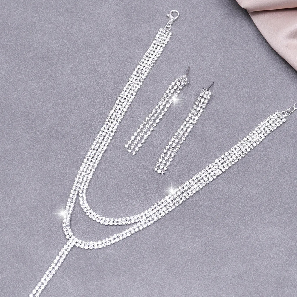 Silver copper rhinestone clavicle chain necklace and earring set with U-shaped pendant