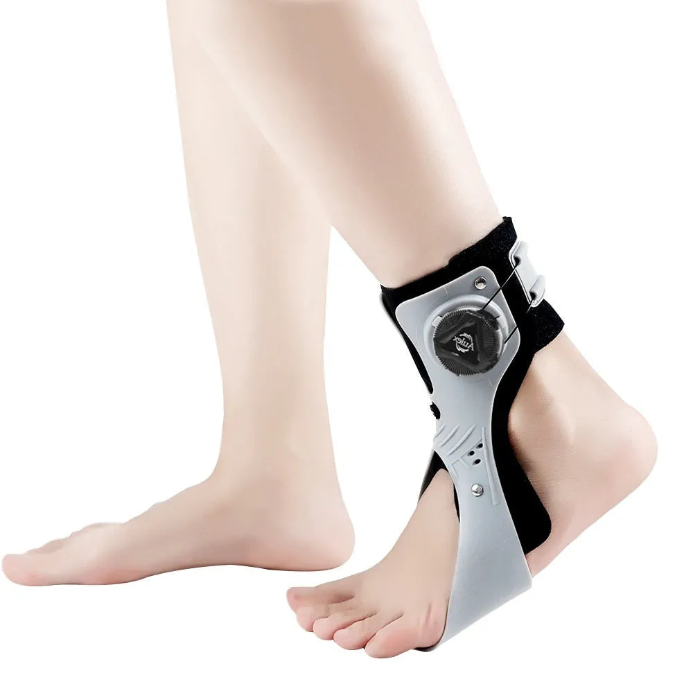 Grey and black adjustable airbag button ankle support brace for left or right foot.