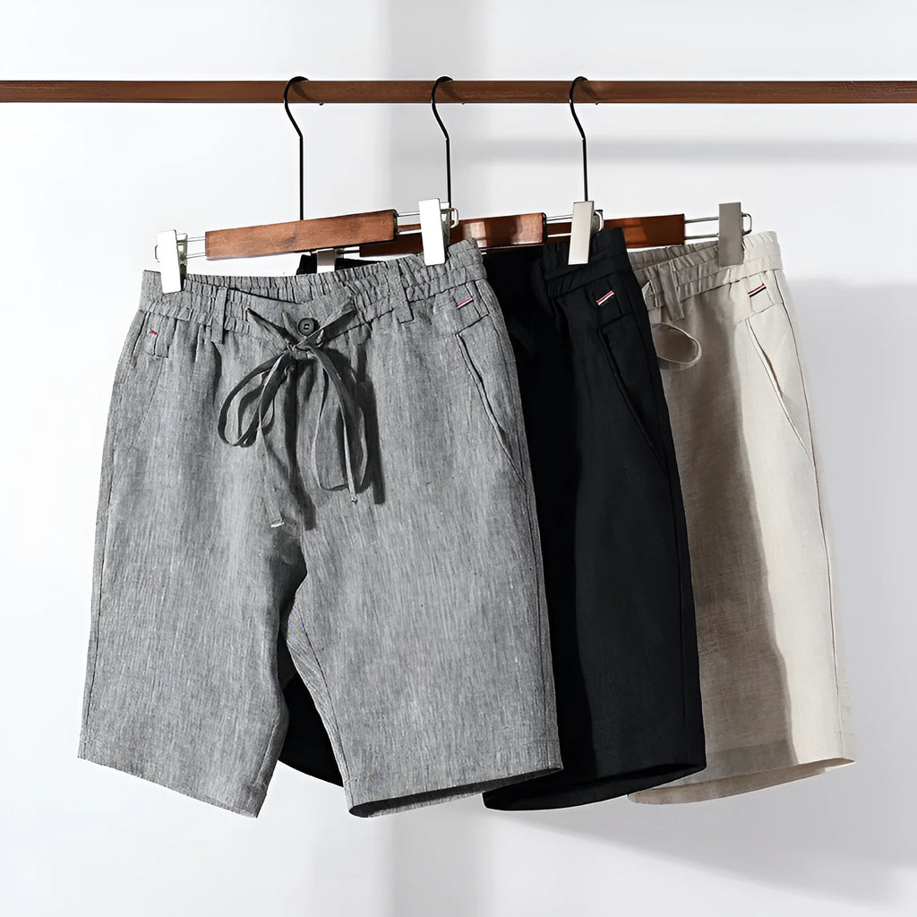Men's straight 100% linen shorts, mid-waist, solid grey black or hemp, sizes 30 to 38