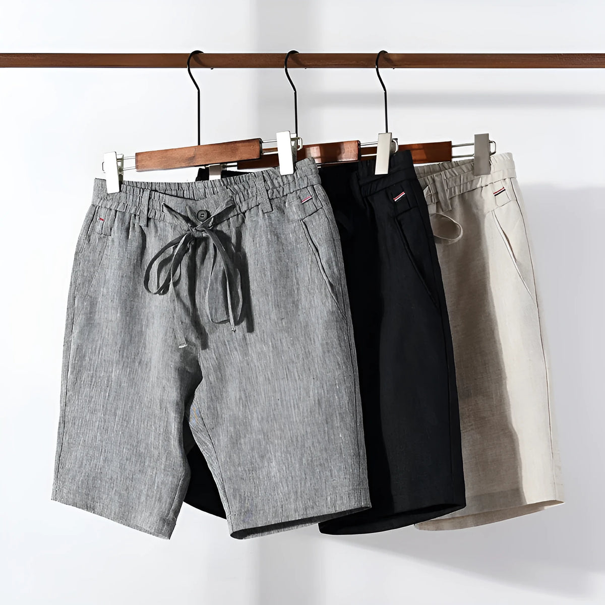 Men's straight 100% linen shorts, mid-waist, solid grey black or hemp, sizes 30 to 38