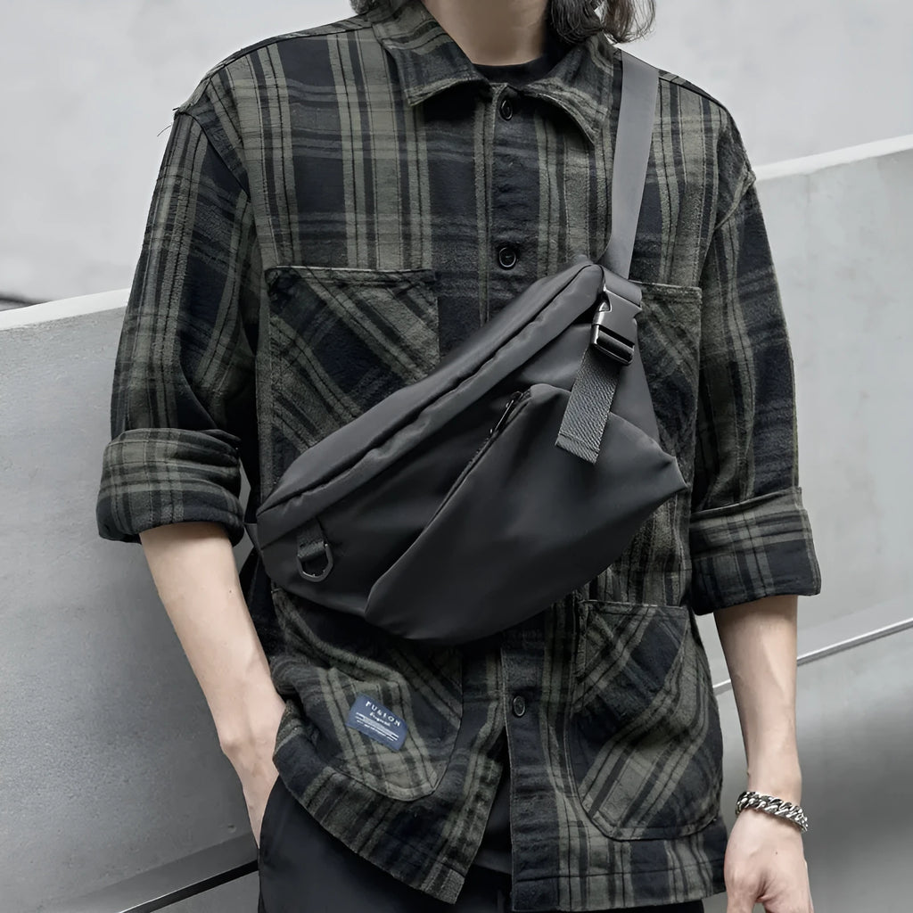 Black men's Japanese leisure slanted chest bag with visible sewing lines on Oxford fabric