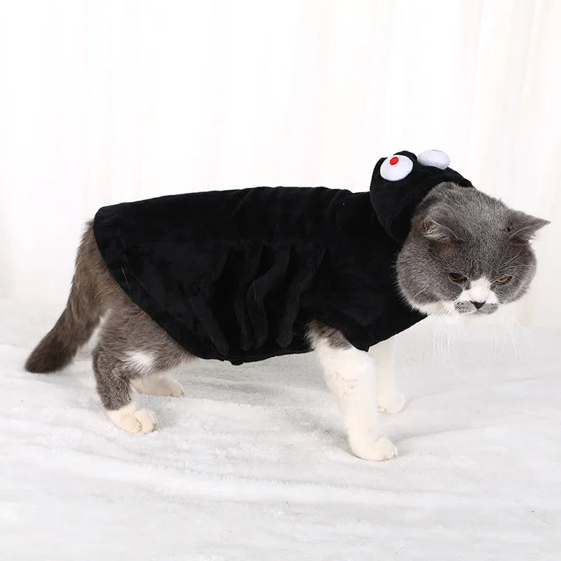 Dog wearing Halloween spider costume in polyester fabric with arachnid pattern design