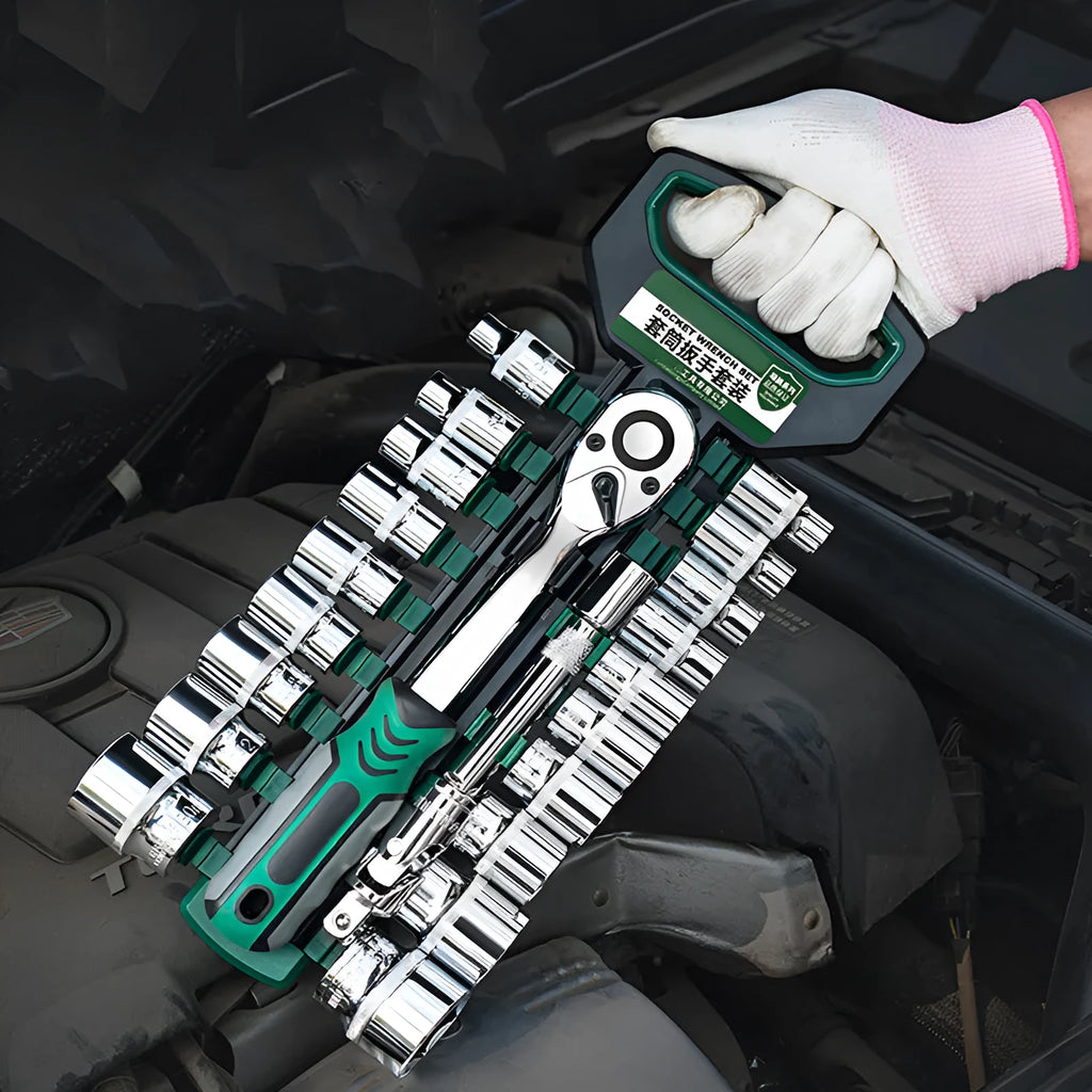 Metric tool steel socket casing ratchet wrench set with quad interface for car repair
