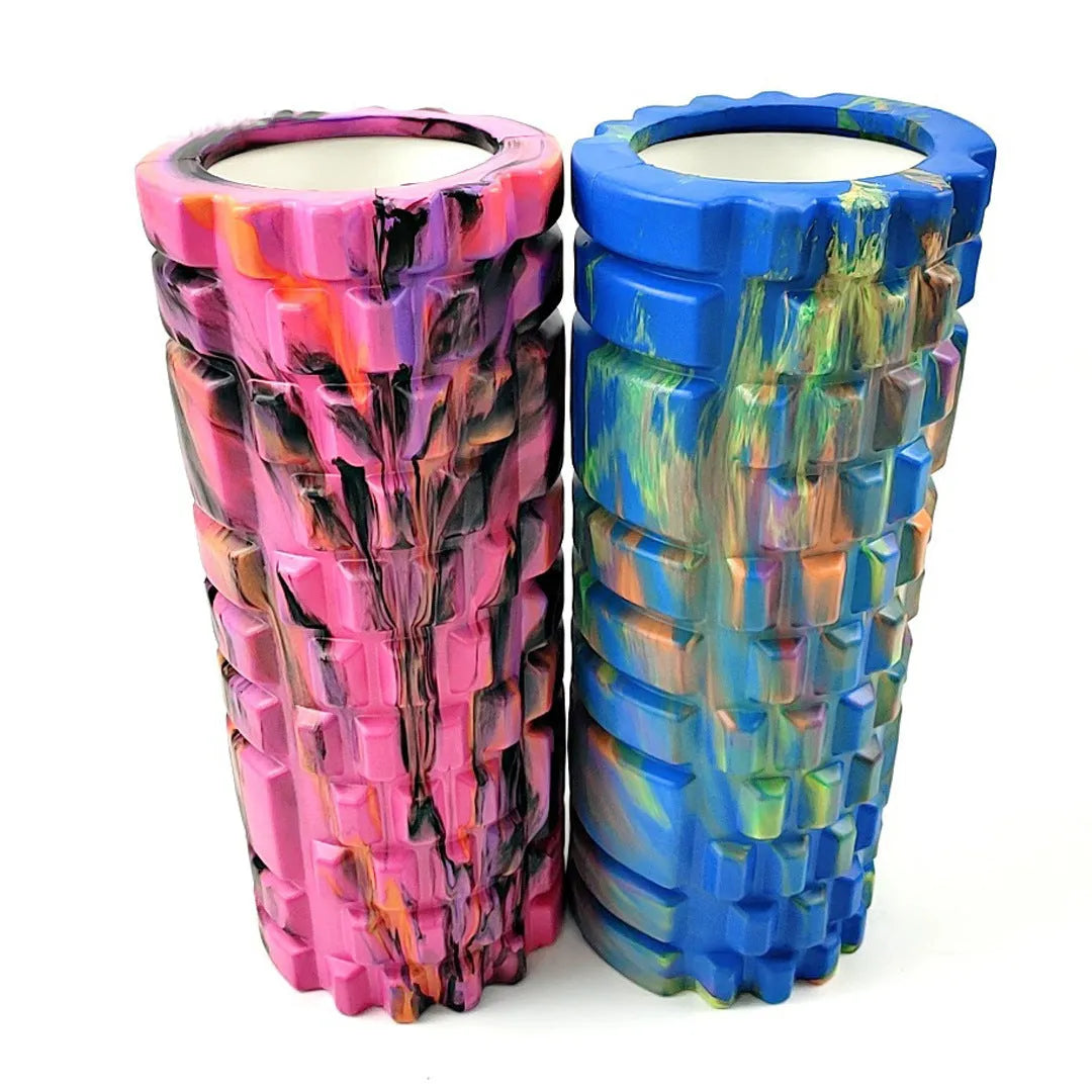 33cm camouflage EVA foam roller in blue green yellow pattern for fitness and massage
