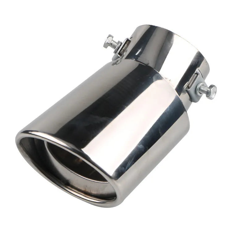 Stainless steel car modification tailpipe in baked blue, bright silver, and colourful finishes, straight and curved styles.