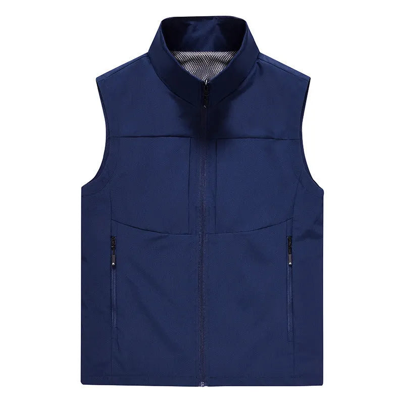 Men's loose-fit casual cardigan vest in army green with a stand collar and zipper pockets.
