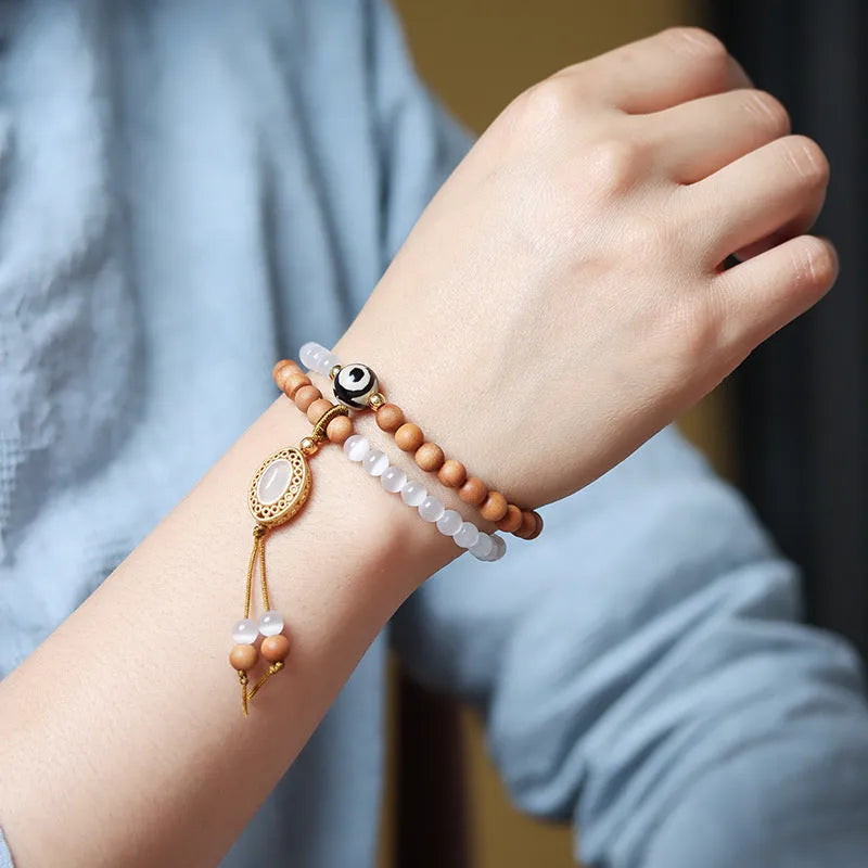 Women's sandalwood opal double ring bracelet with mixed materials and retro design