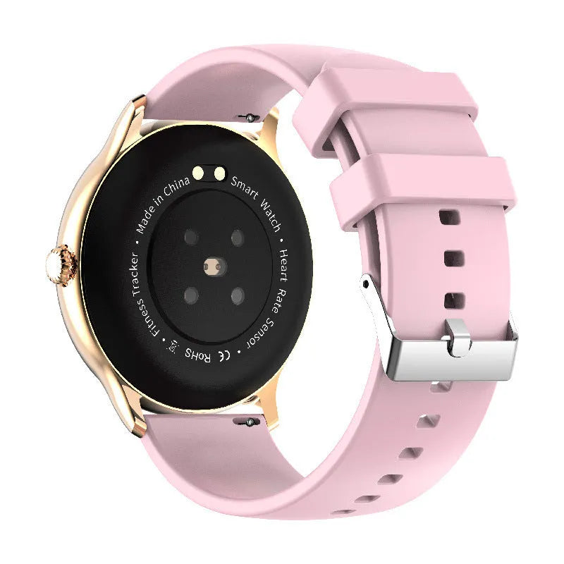 Black Bluetooth smartwatch with a 1.28-inch screen on a silicone wristband, showing health monitoring data.