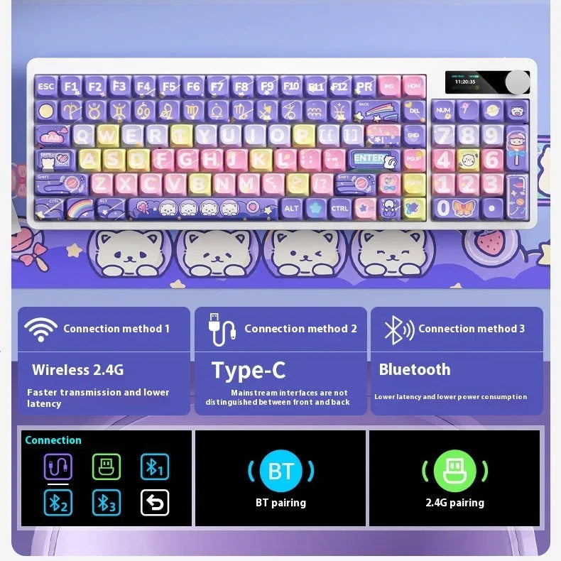 Black mechanical keyboard with RGB backlighting on keys, shown with a USB cable.