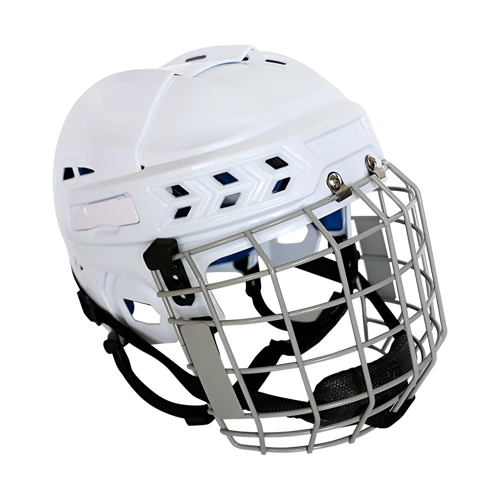 White ice hockey helmet with a black carbon steel face mask and cushioned interior lining.