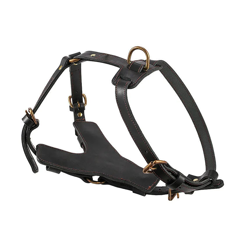 Black cowhide leather dog chest harness set with automatic traction rope and 360° chest and back surround