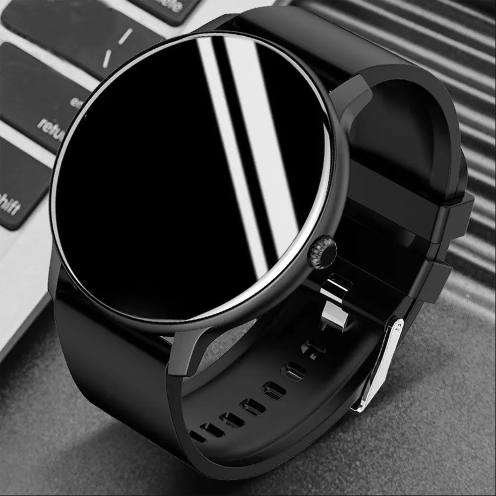 Black Bluetooth smartwatch with a 1.28-inch screen on a silicone wristband, showing health monitoring data.