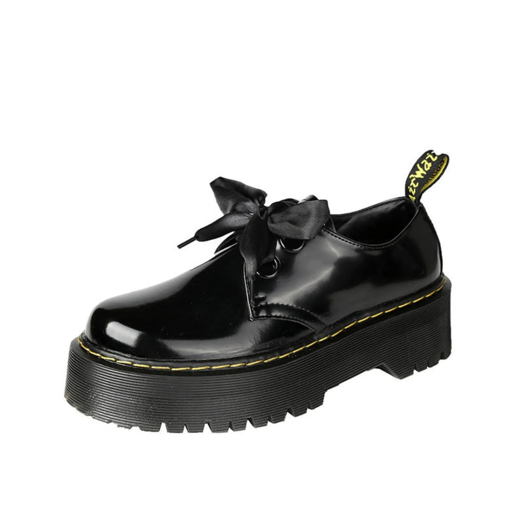 Women's black small leather shoes with thick TPR soles and cross strap design