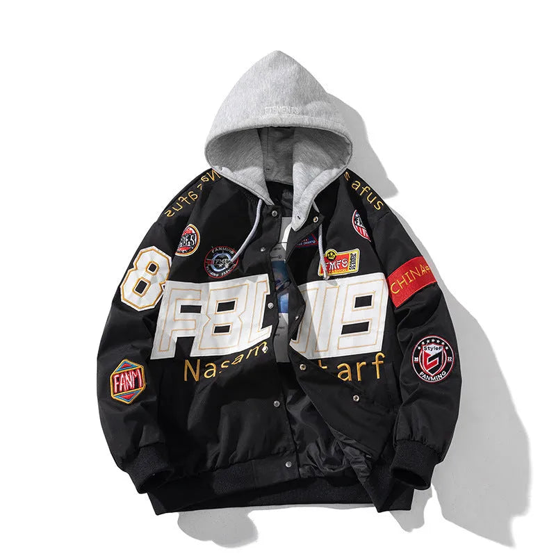 American motorcycle couple baseball jacket with cotton padding and side pockets in black colour