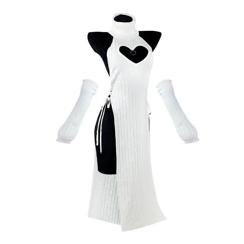 Women's fleece-lined high-neck cheongsam dress in solid black, white, pink, brown, or blue Lycra knit, one size and plus size.