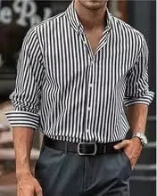 Men's casual stripe button shirt in loose cardigan style, polyester long sleeve, available in Khaki