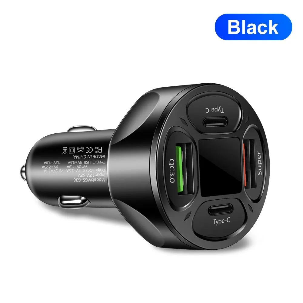 66W car charger with digital display showing 2 USB and 2 Type-C ports